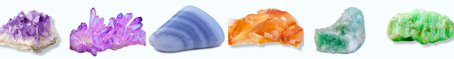 Amethyst, agate, carnelian, aventurine crystals